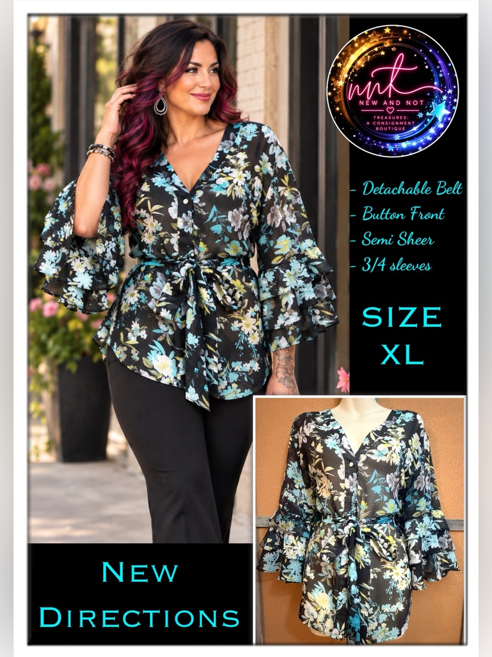 new directions Black Floral V-Neck Tie-Waist Blouse